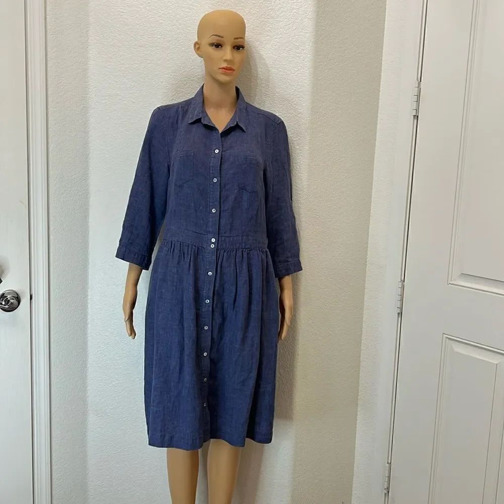 Malvin Woman’s Dress I❤️Linen Germany Blue Button Up 3/4 Or Roll Sleeve Midi